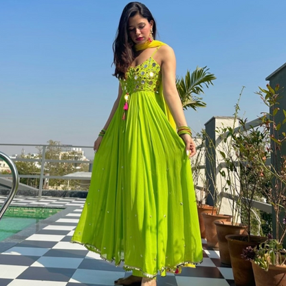 Sakhi Fashions Yellow Green Mirror Work Suit Set