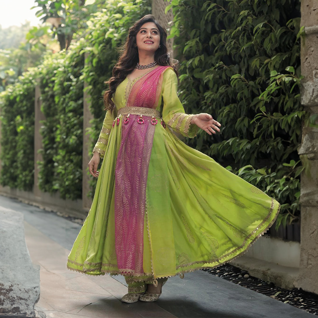 Sakhi Fashions Hot Lime Gold Handblock Suit Set