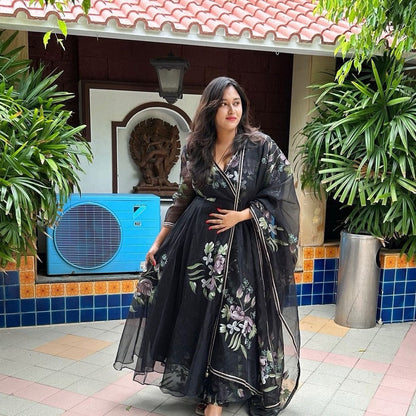 Black Floral Handpainted Organza Suit