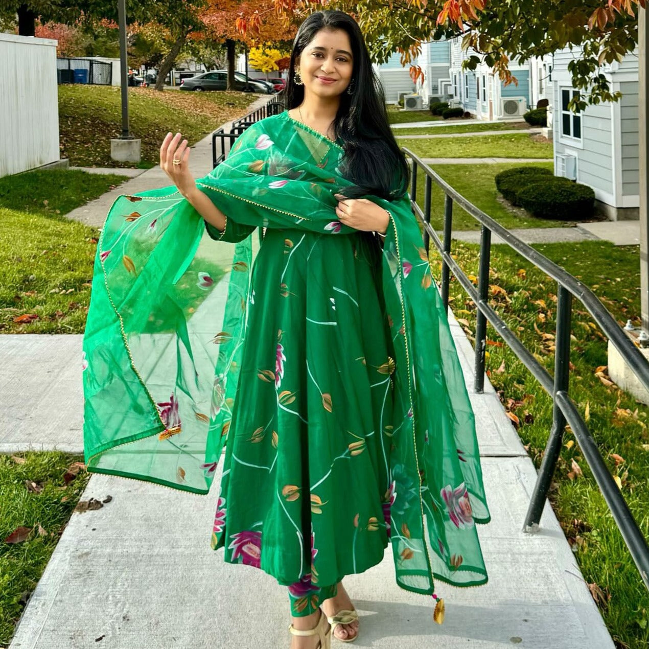 Sakhi Fashions Bright Green Handpainted Suit Set