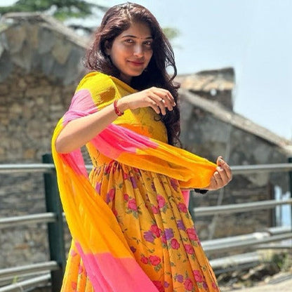 Yellow Floral Print Georgette Salwar Suit
