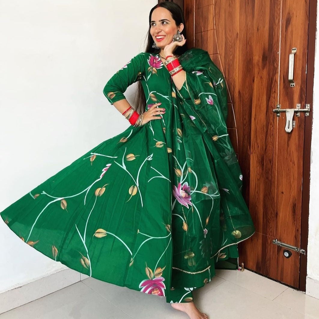 Sakhi Fashions Bright Green Handpainted Suit Set