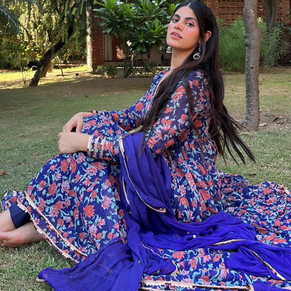 Deep Blue Floral Print Salwar Suit