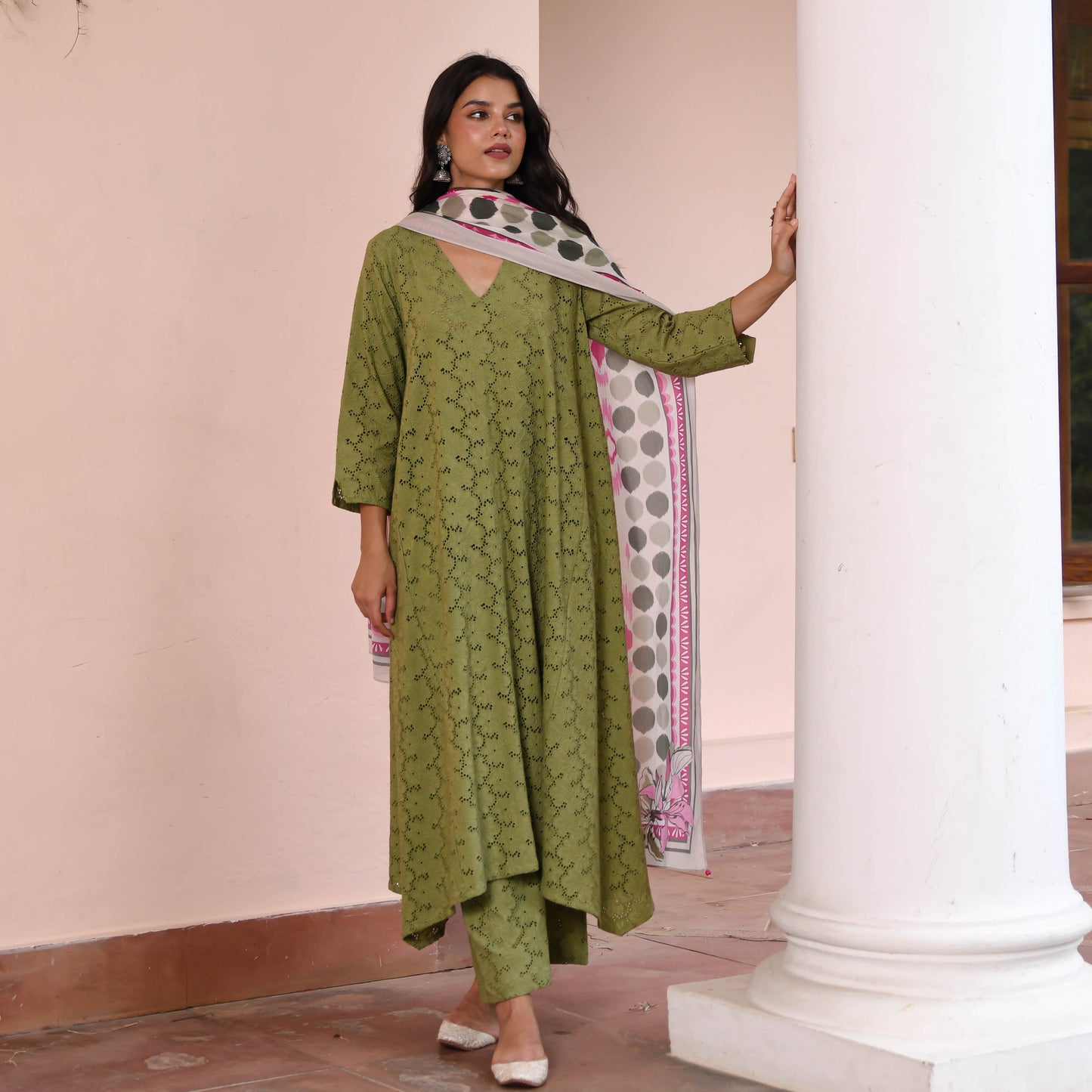 Olive Cotton Schiffli Suit Set