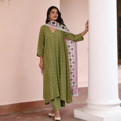 Olive Cotton Schiffli Suit Set