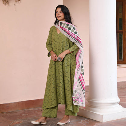 Olive Cotton Schiffli Suit Set