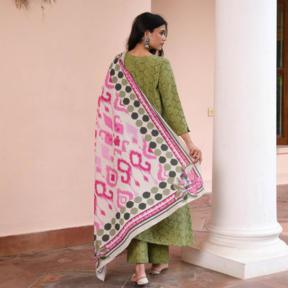 Olive Cotton Schiffli Suit Set