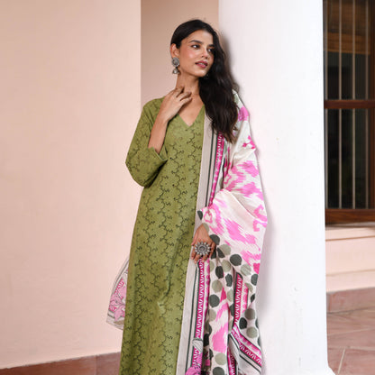 Olive Cotton Schiffli Suit Set