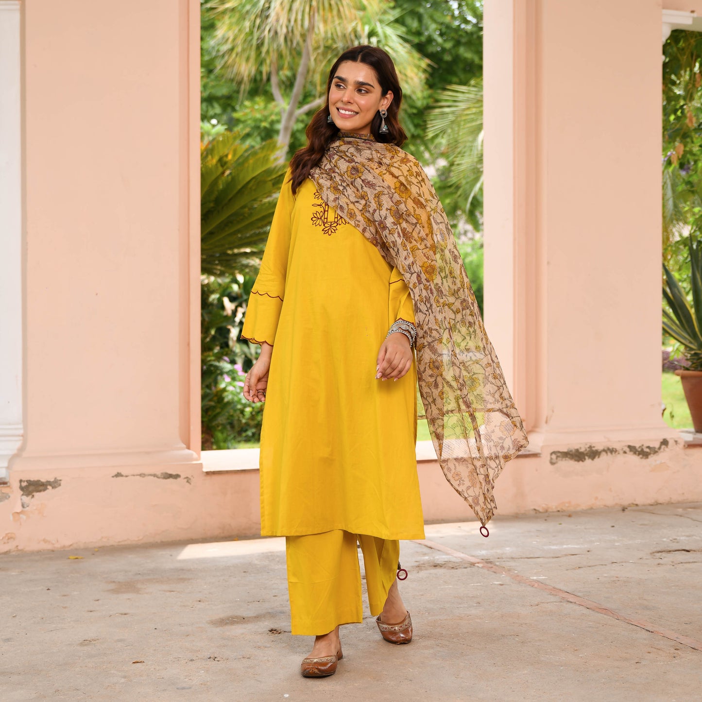 Yellow Suit With Printed Dupatta