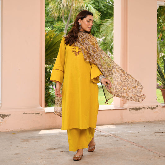 Yellow Suit With Printed Dupatta