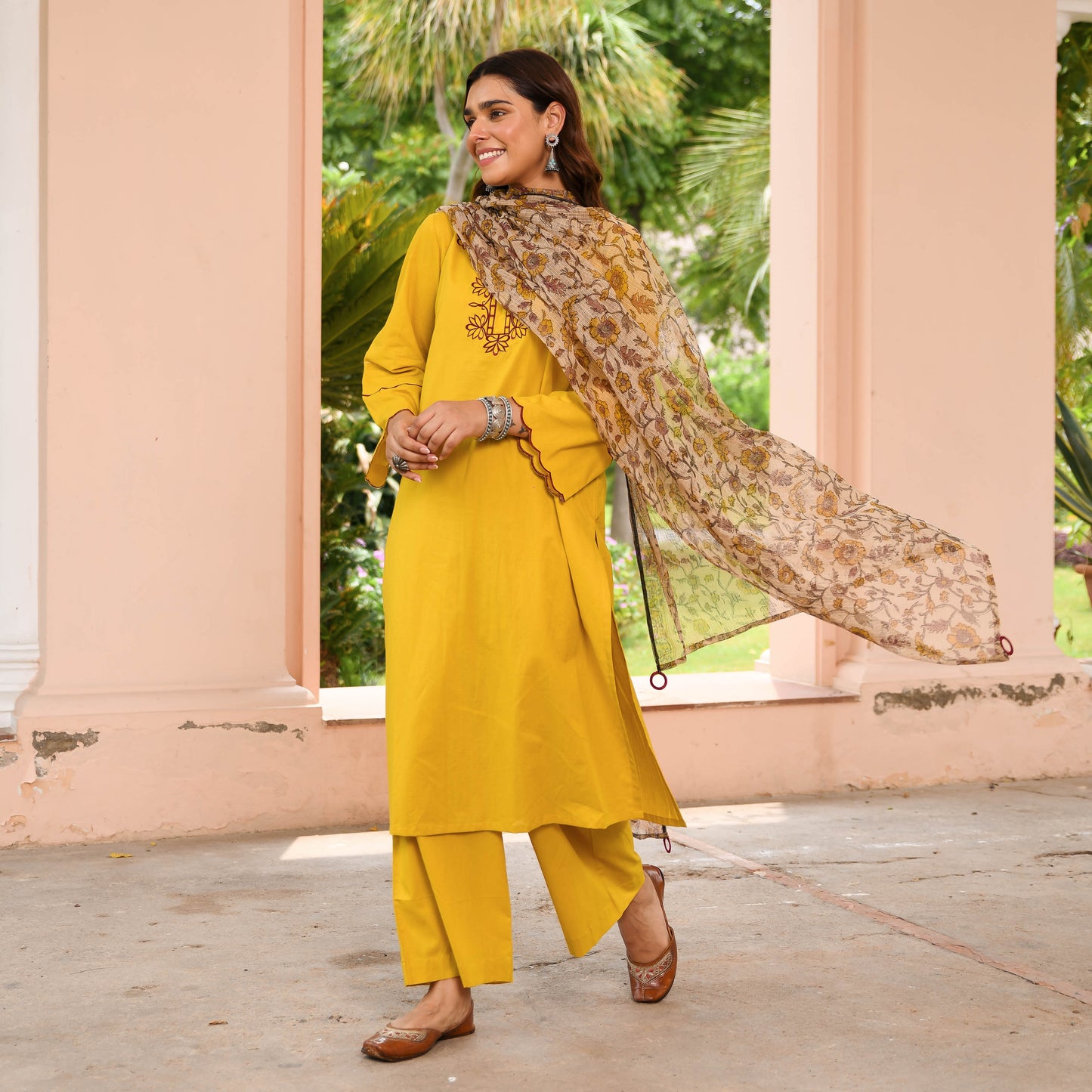 Yellow Suit With Printed Dupatta