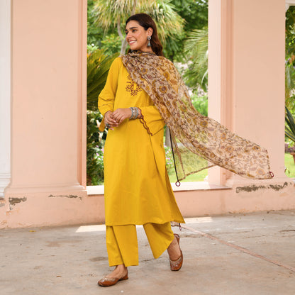 Yellow Suit With Printed Dupatta