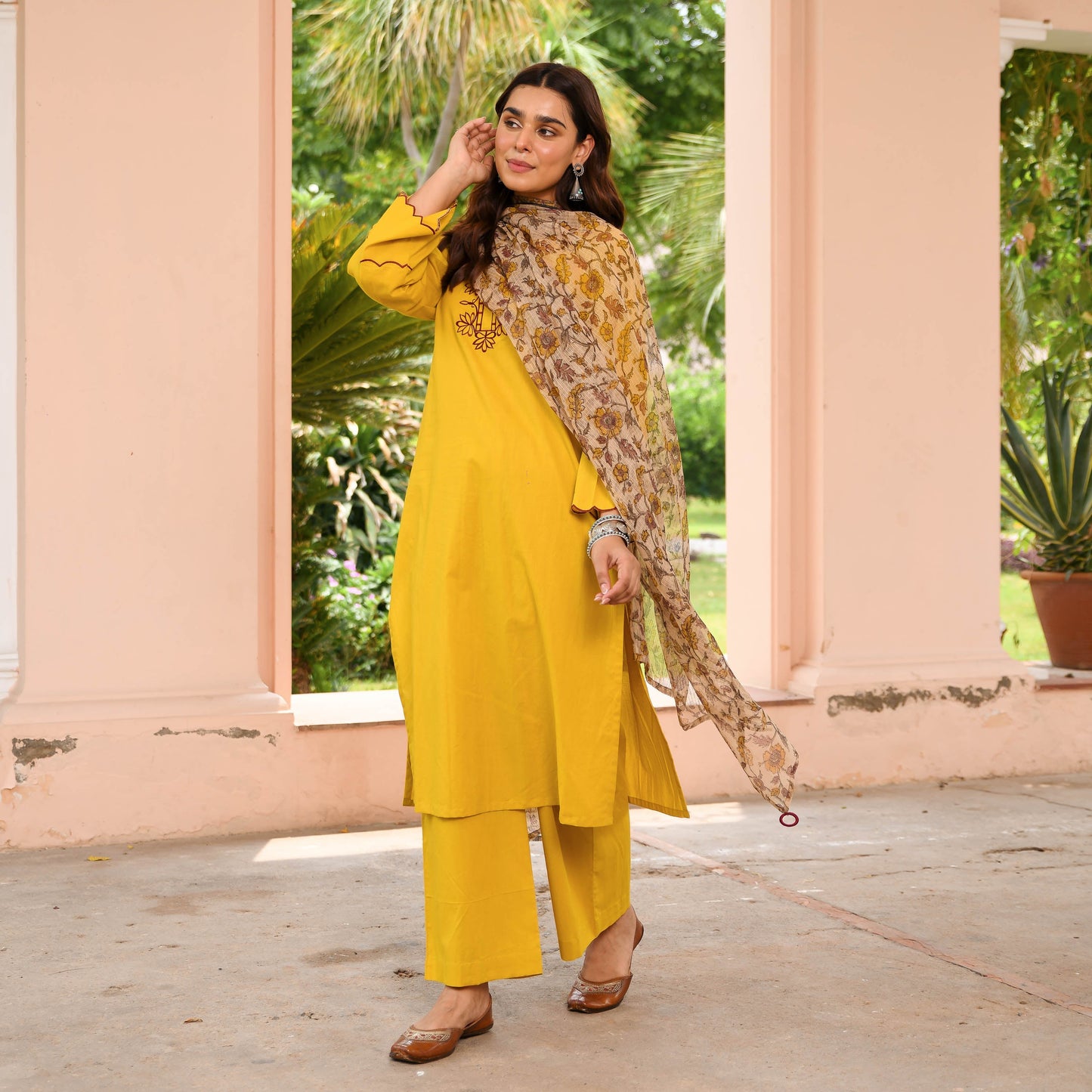 Yellow Suit With Printed Dupatta