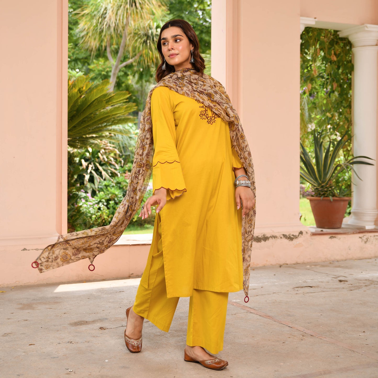 Yellow Suit With Printed Dupatta