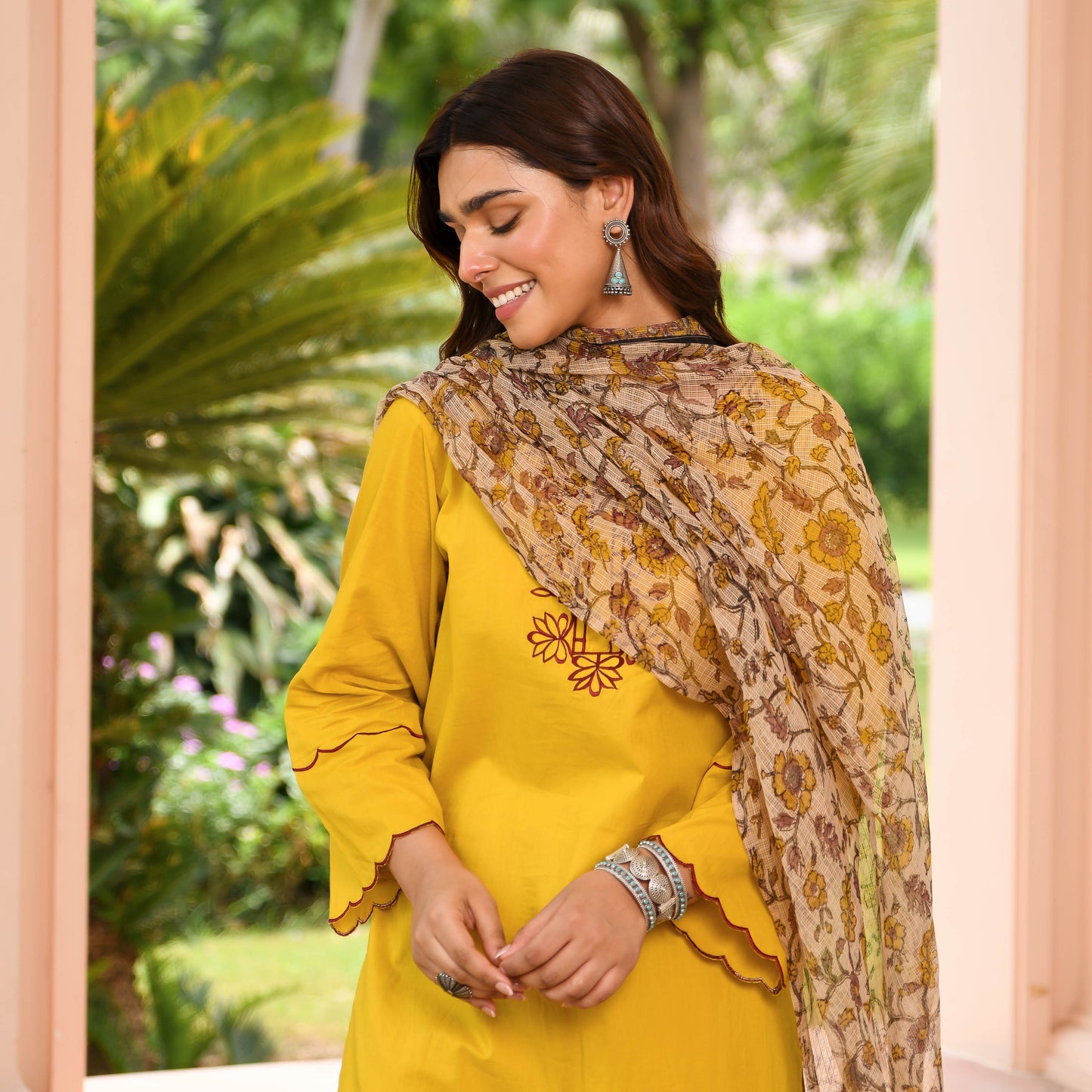 Yellow Suit With Printed Dupatta