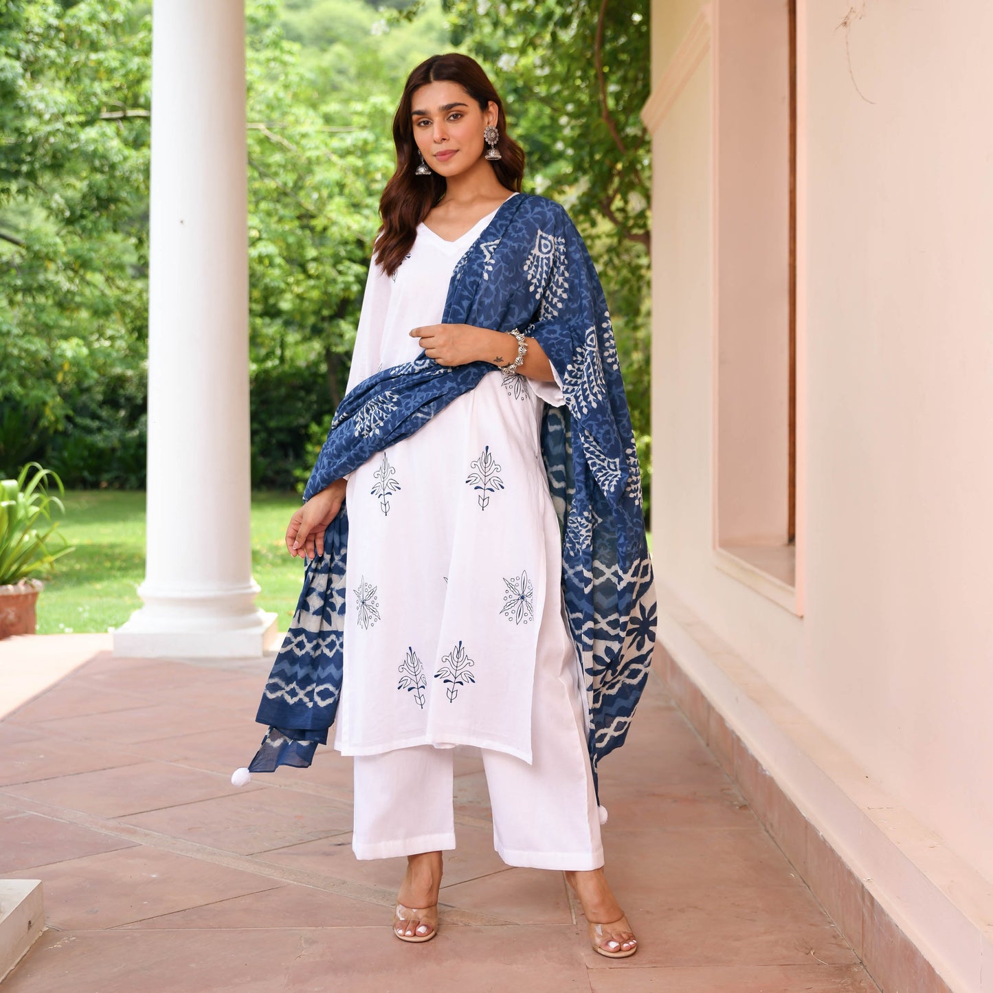 White Suit With Indigo Dupatta
