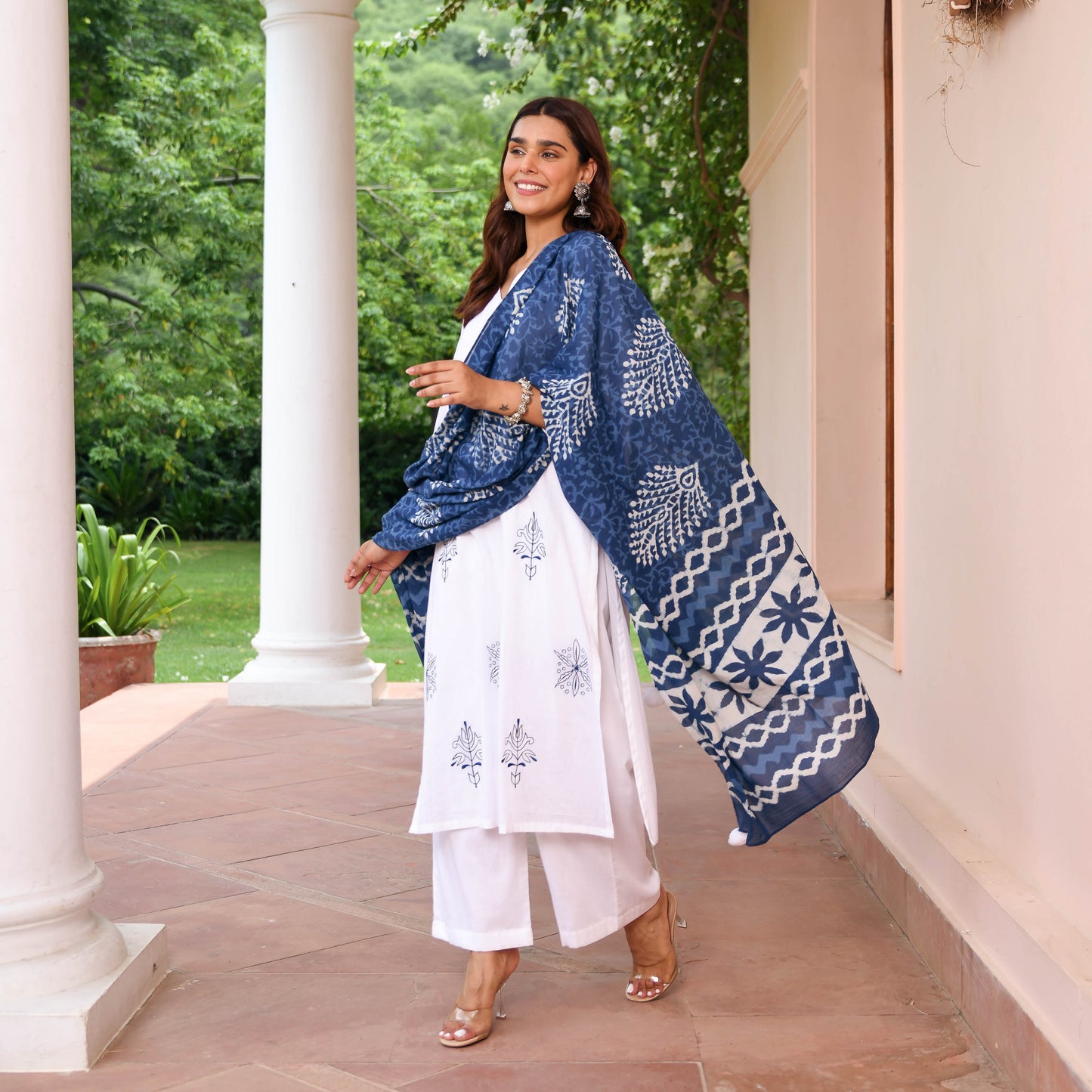 White Suit With Indigo Dupatta