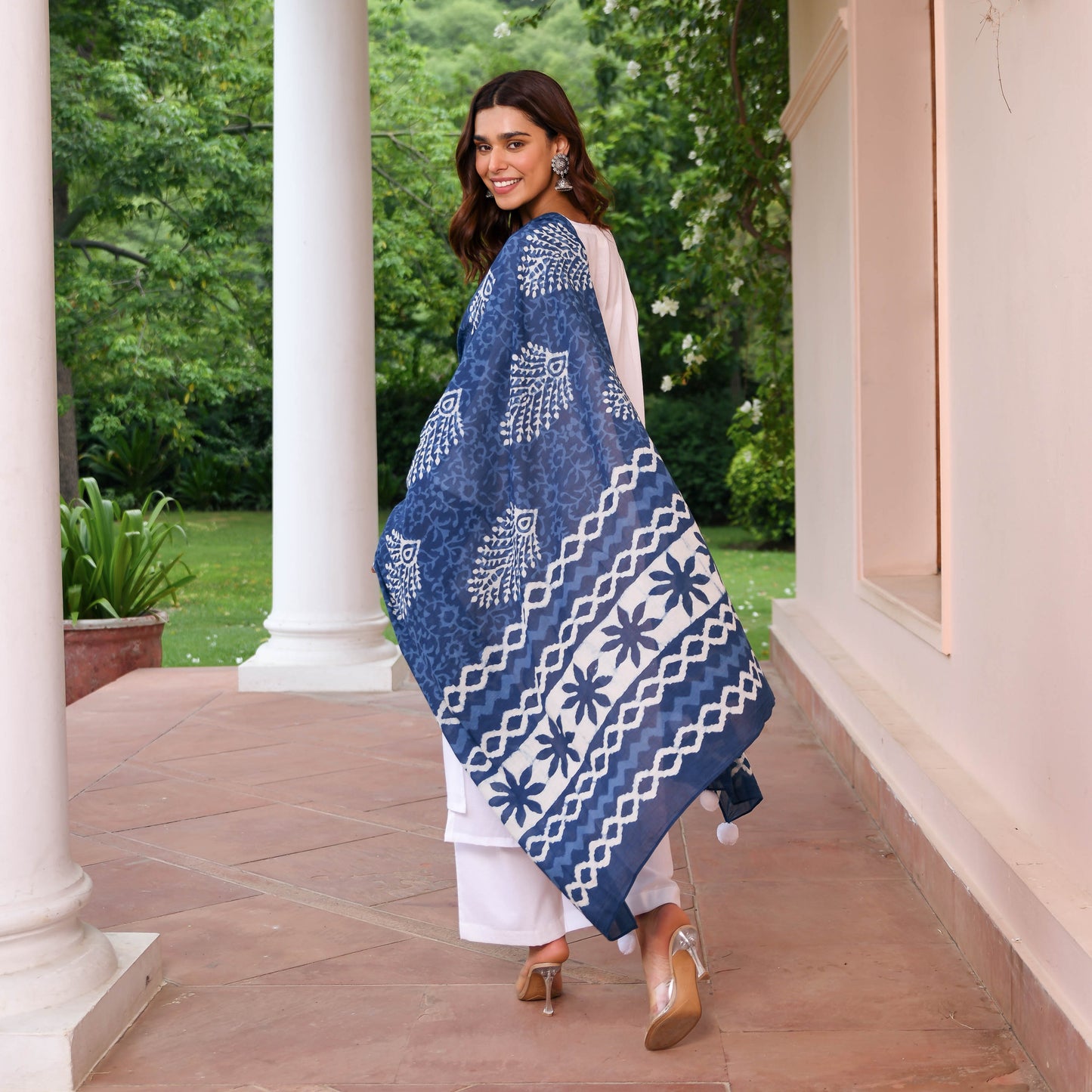 White Suit With Indigo Dupatta