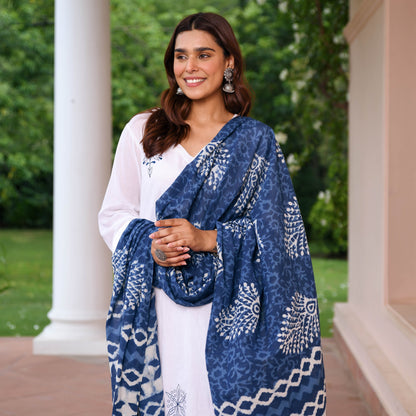 White Suit With Indigo Dupatta