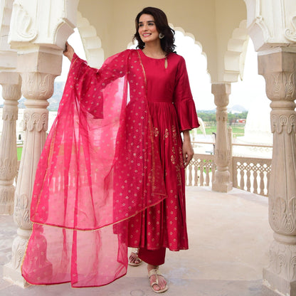 Sakhi Fashions Red Modal Satin Suit Set