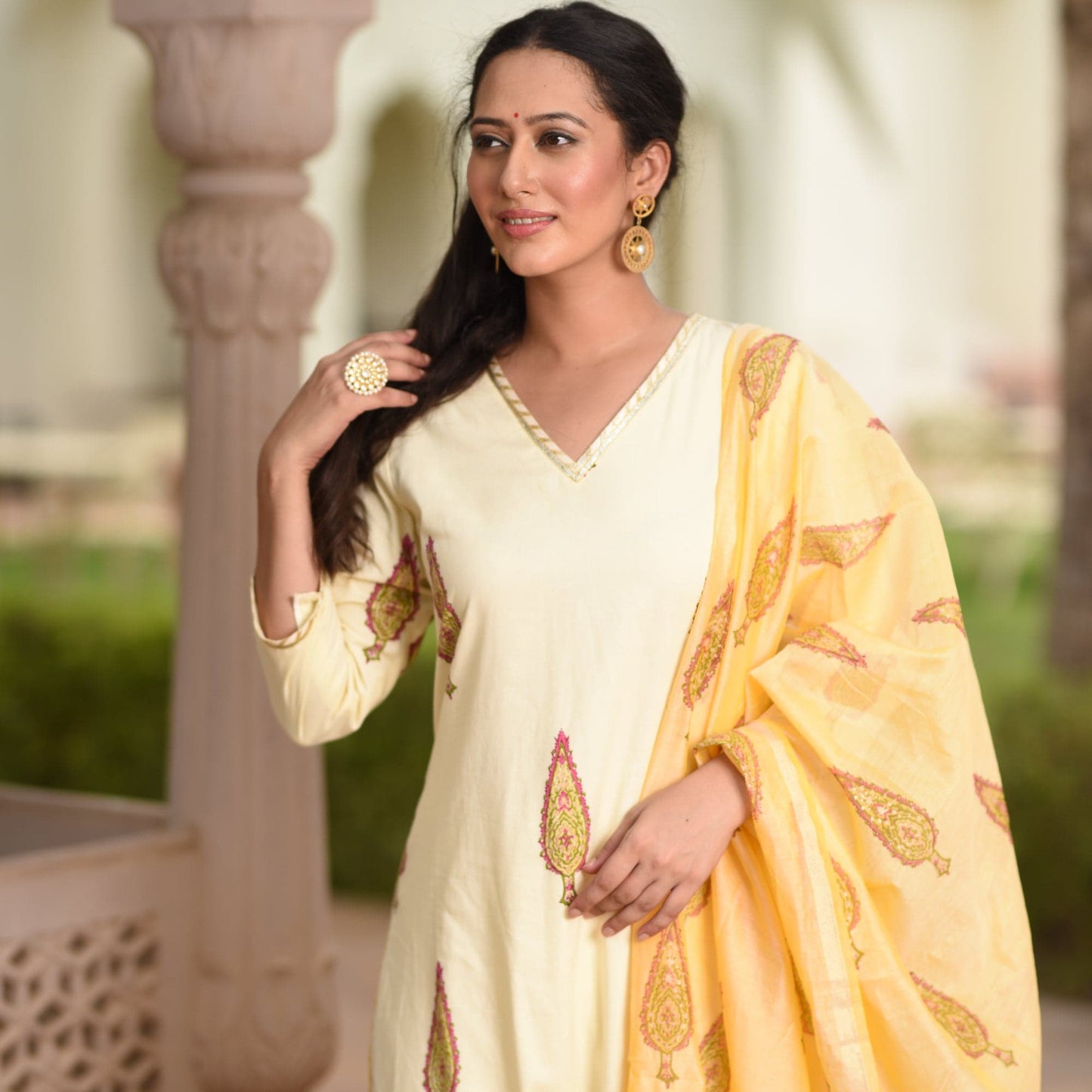 Sakhi Fashions Beige Paisley Cotton Suit Set (Set of 3)
