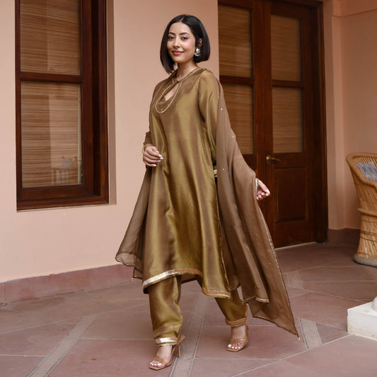 Brown Tissue Silk Suit Set