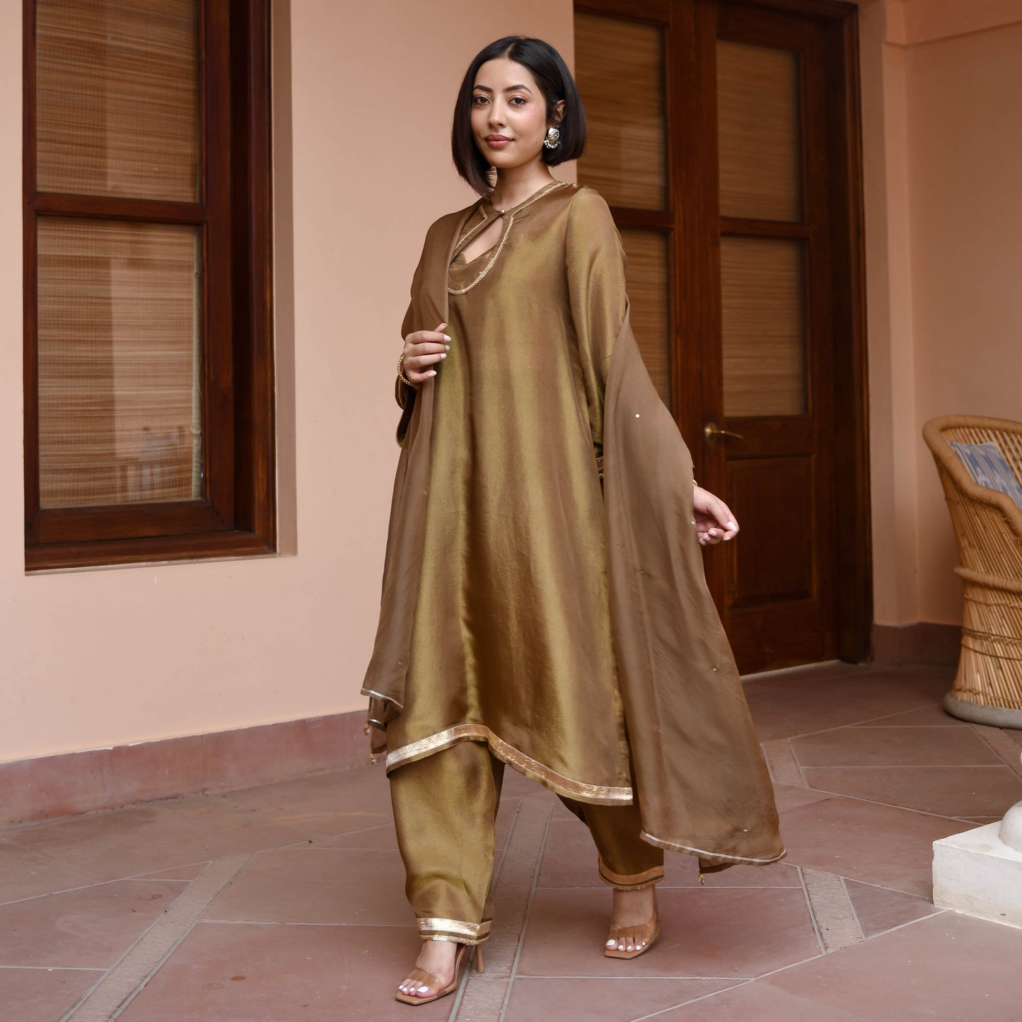 Brown Tissue Silk Suit Set