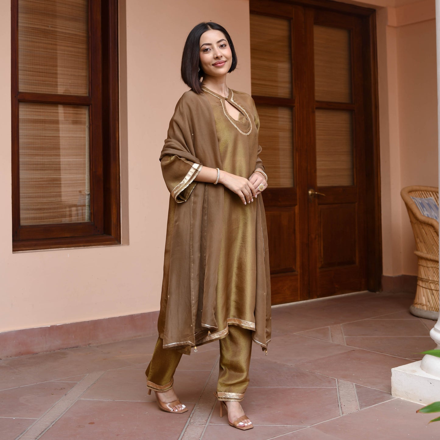 Brown Tissue Silk Suit Set