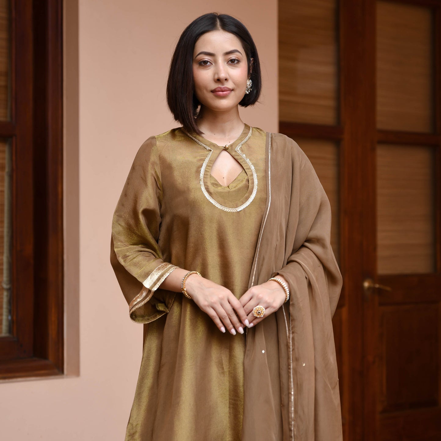 Brown Tissue Silk Suit Set