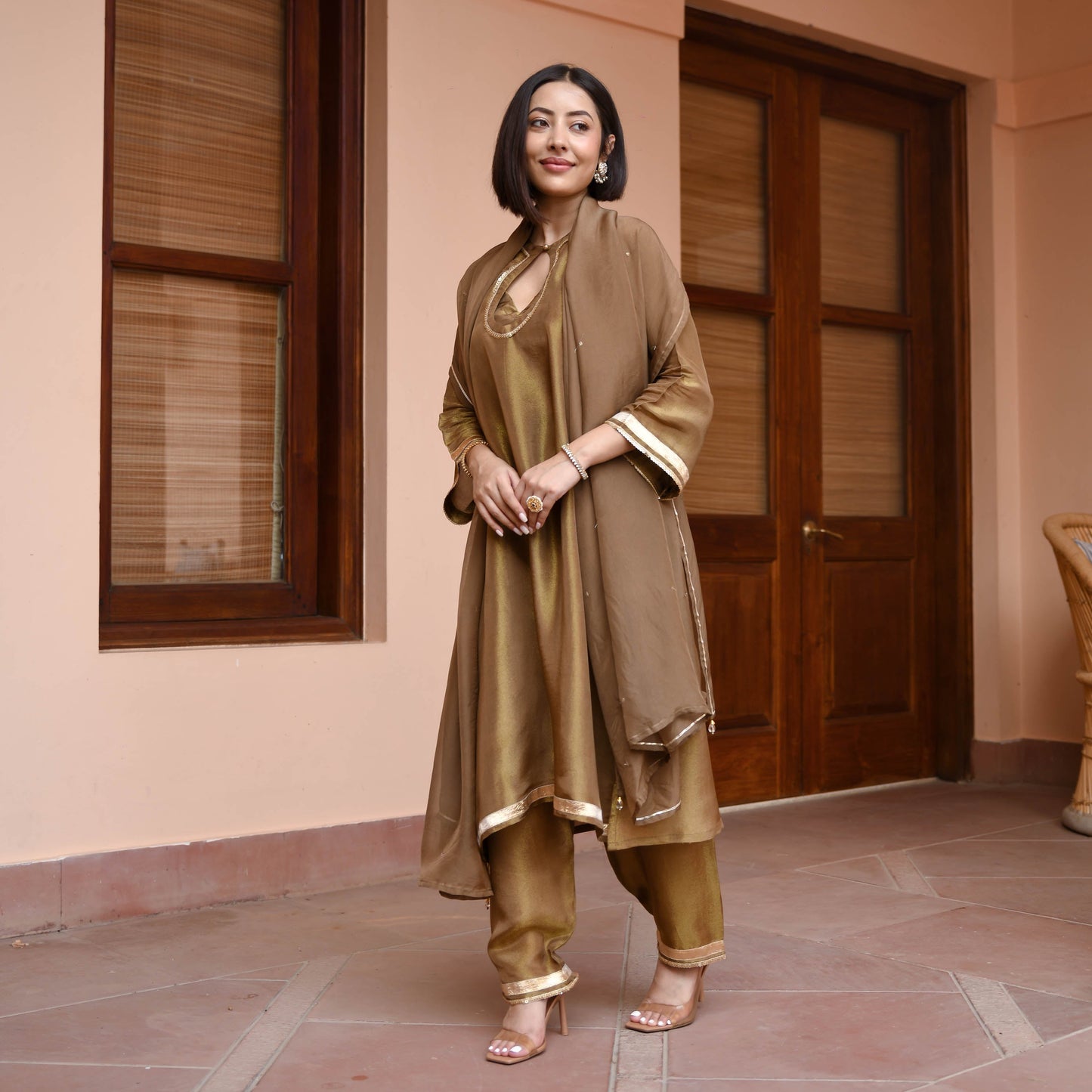 Brown Tissue Silk Suit Set