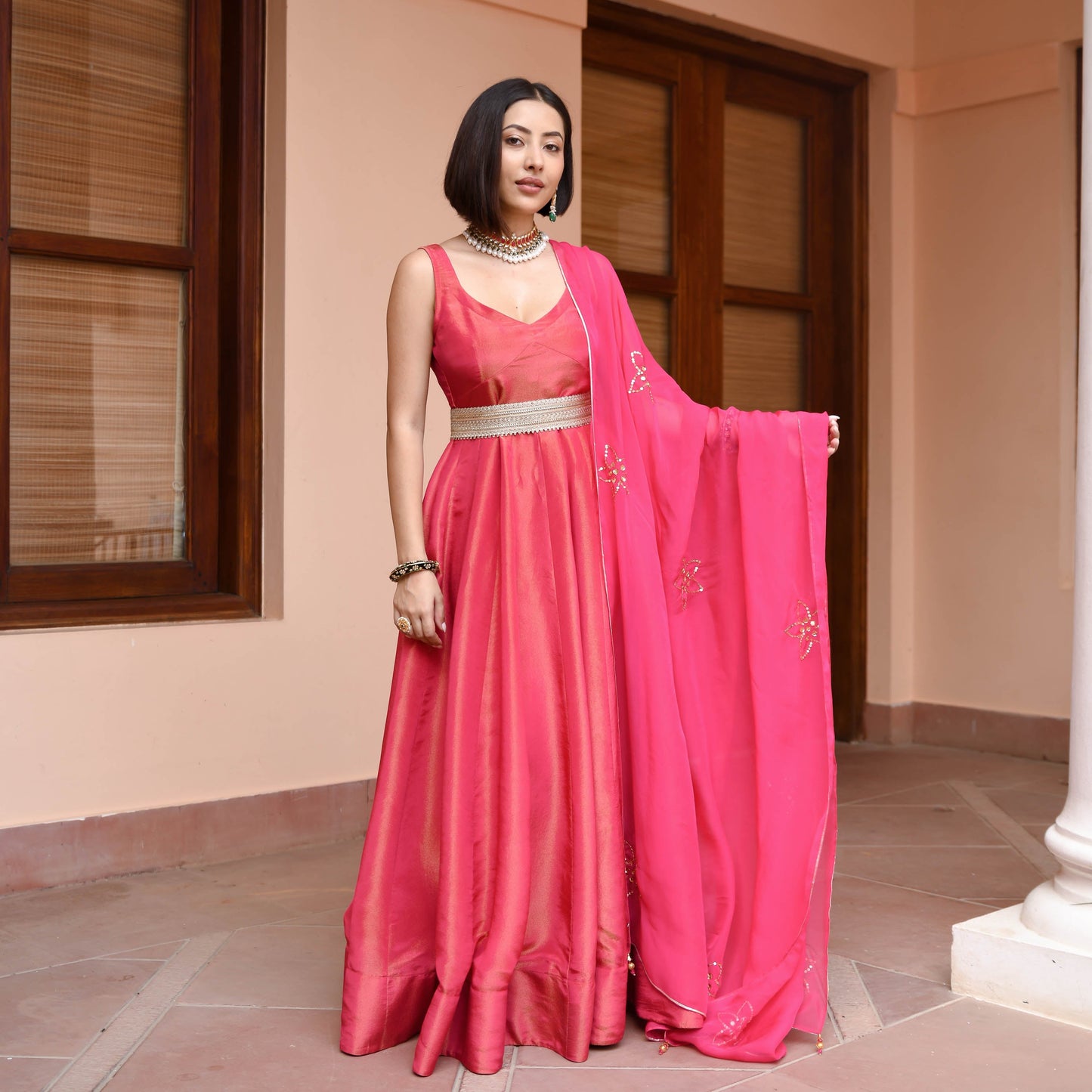 Pink Tissue Silk Dress With Dupatta