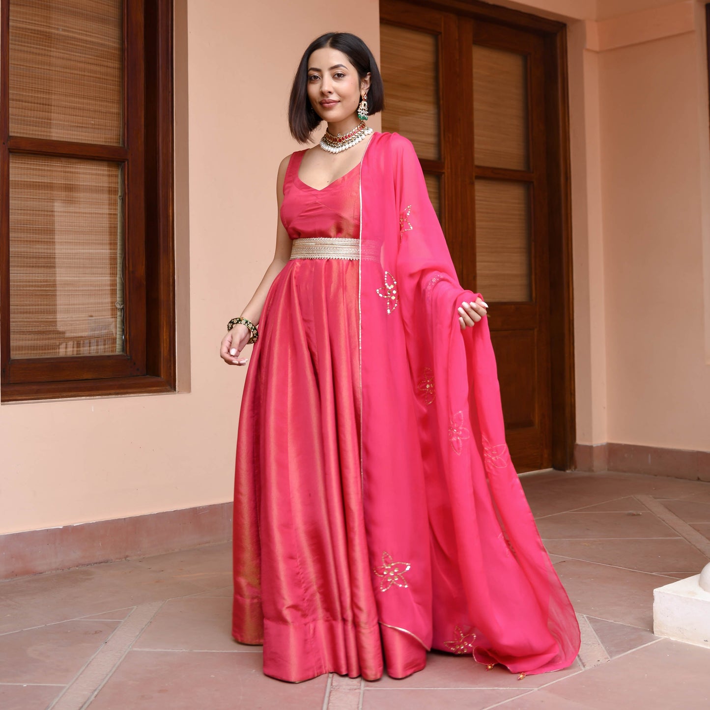Pink Tissue Silk Dress With Dupatta