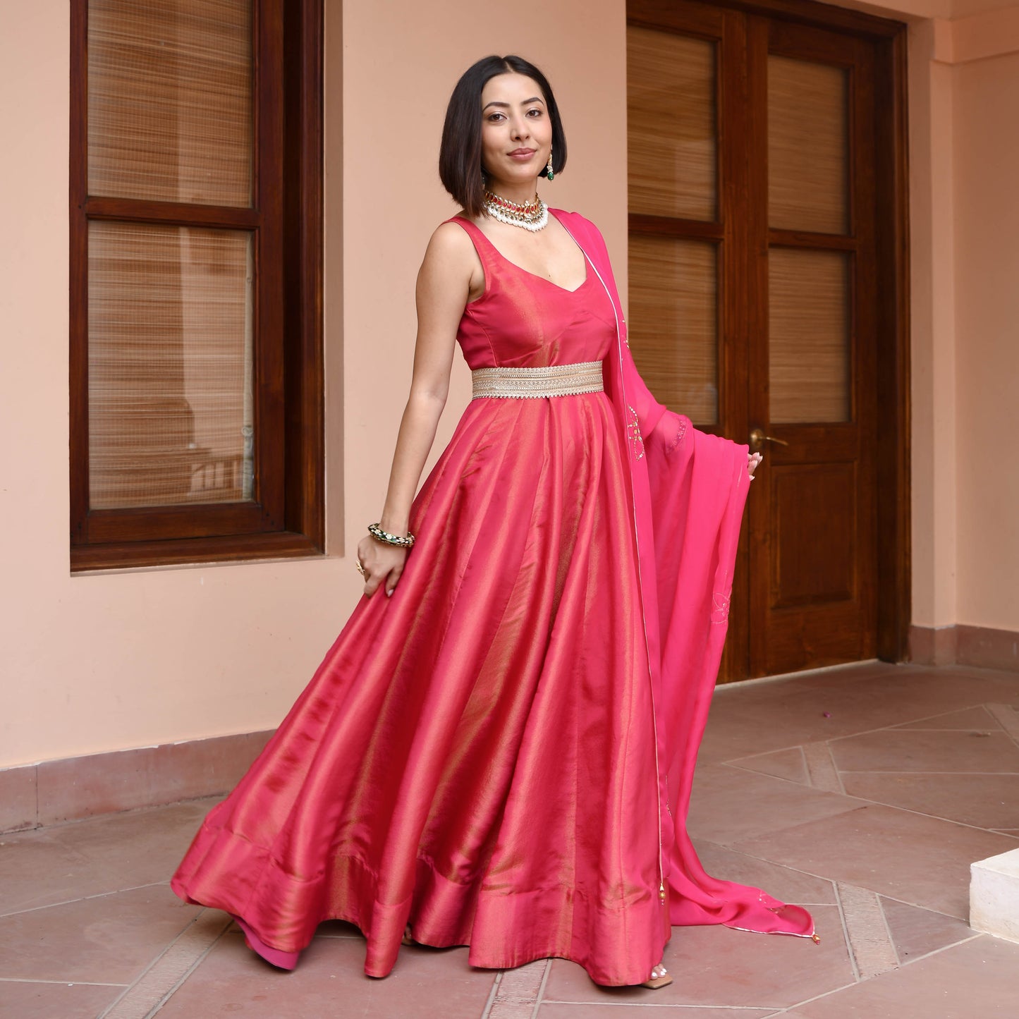 Pink Tissue Silk Dress With Dupatta