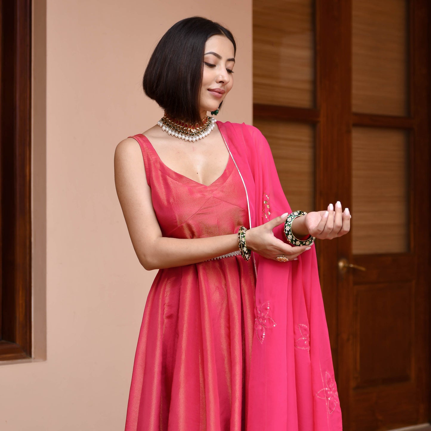 Pink Tissue Silk Dress With Dupatta
