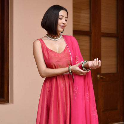 Pink Tissue Silk Dress With Dupatta