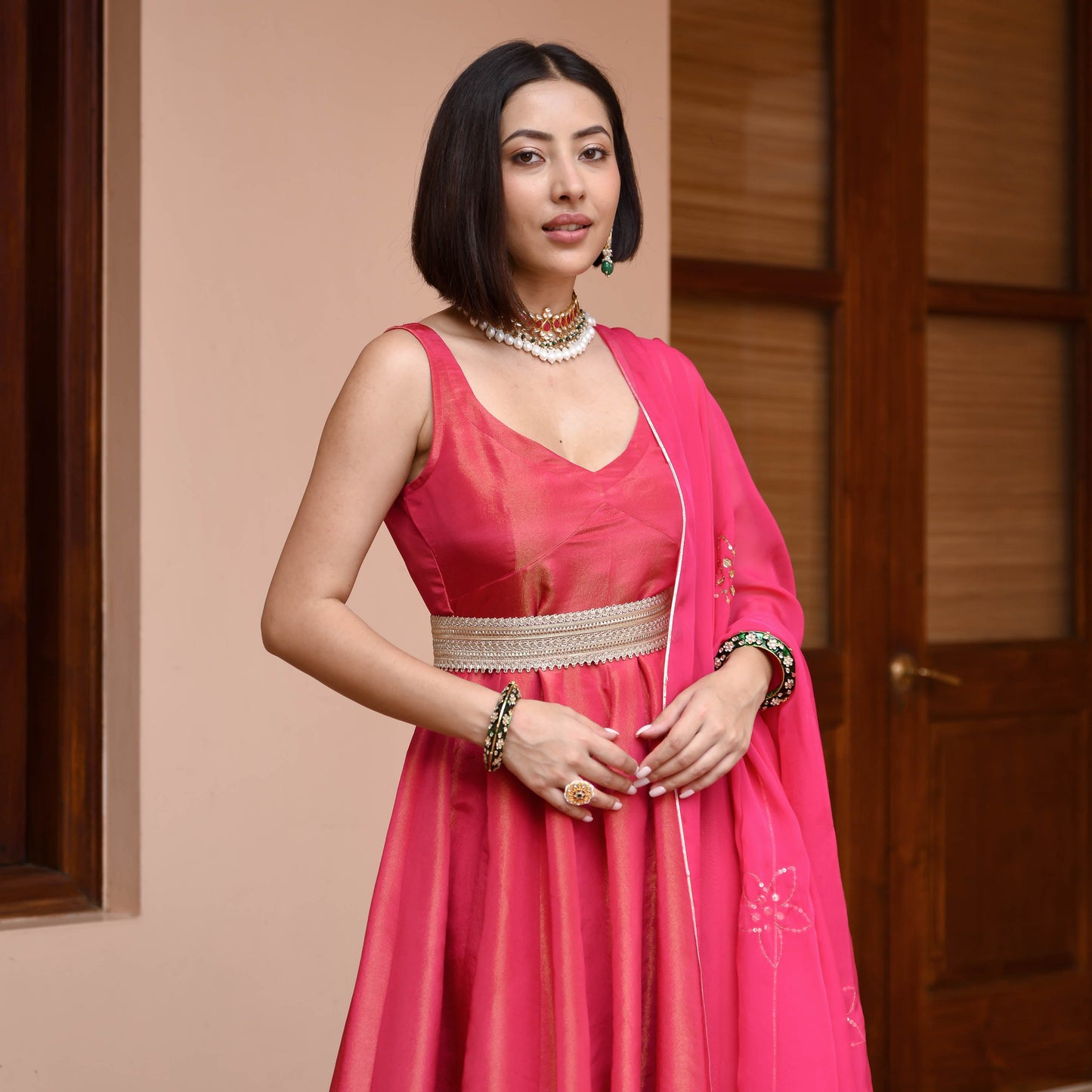 Pink Tissue Silk Dress With Dupatta