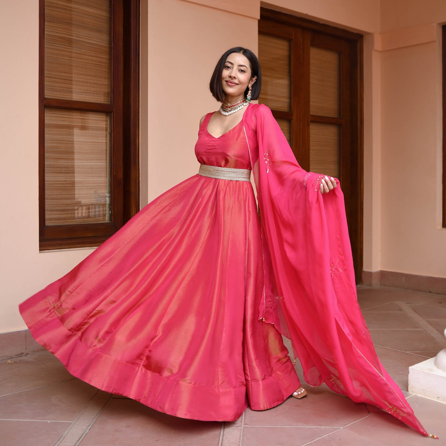 Pink Tissue Silk Dress With Dupatta