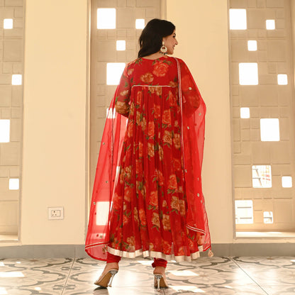 Sakhi Fashions Red Floral Chiffon Suit Set
