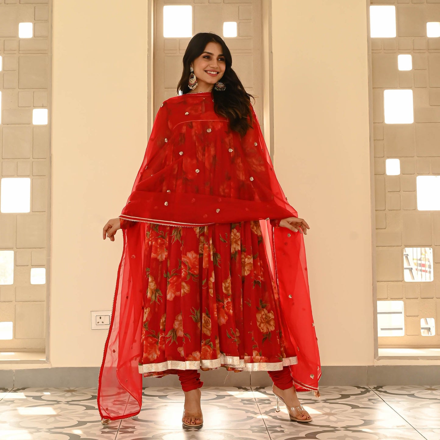 Sakhi Fashions Red Floral Chiffon Suit Set