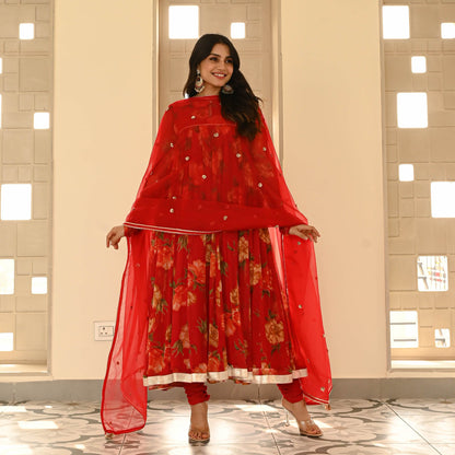 Sakhi Fashions Red Floral Chiffon Suit Set