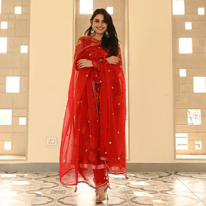 Sakhi Fashions Red Floral Chiffon Suit Set