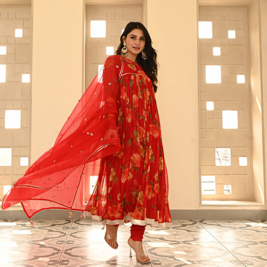 Sakhi Fashions Red Floral Chiffon Suit Set