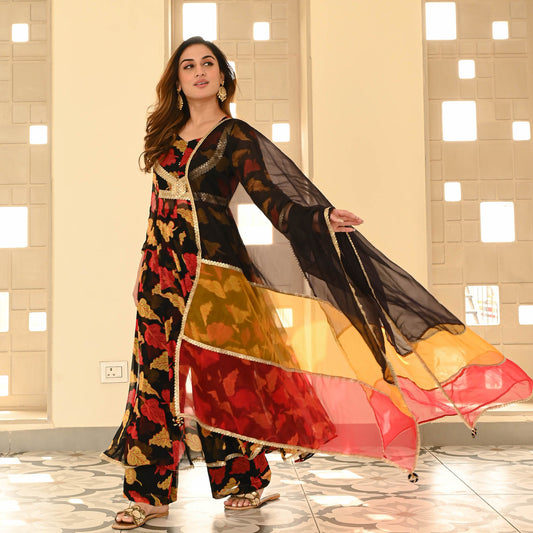 Sakhi Fashions Black Leaf Chiffon Suit Set