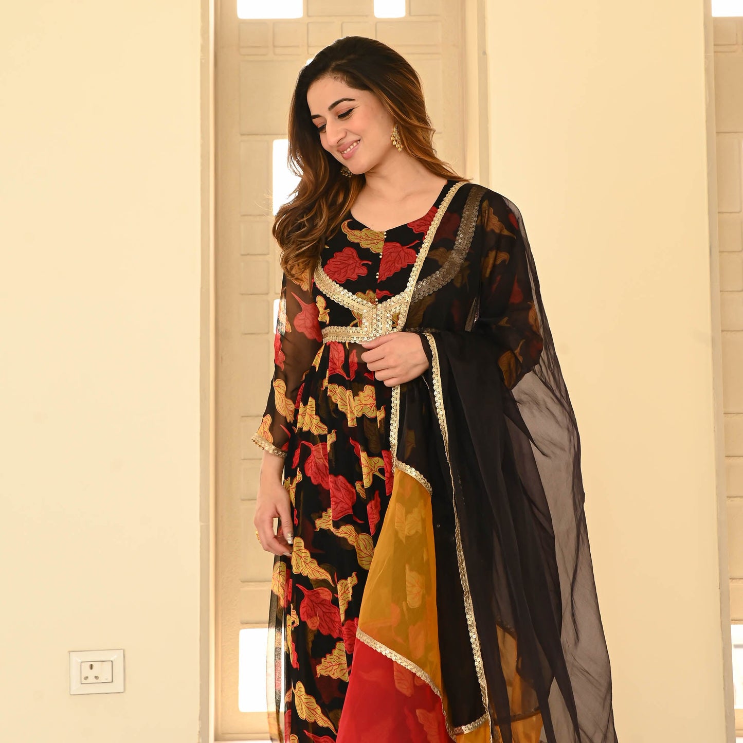 Sakhi Fashions Black Leaf Chiffon Suit Set