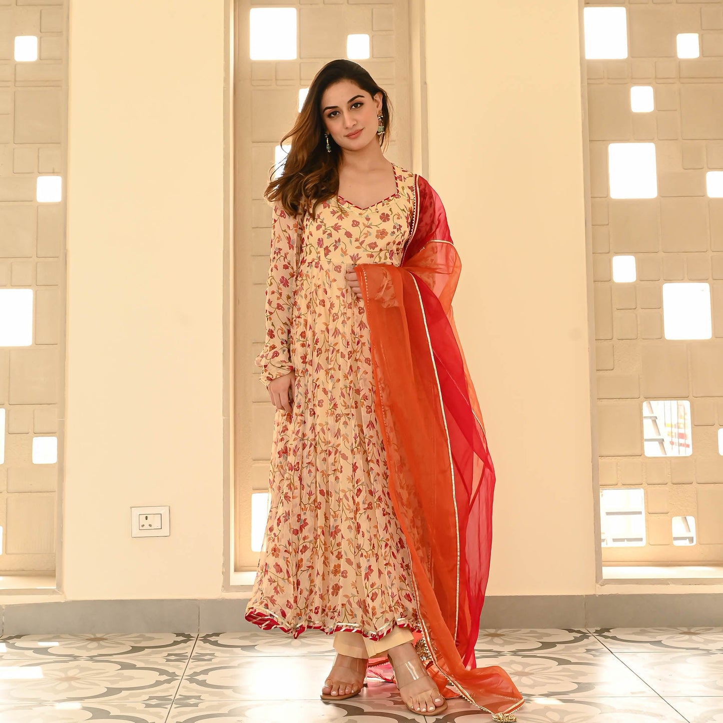 Sakhi Fashions Cream Red Floral Suit Set