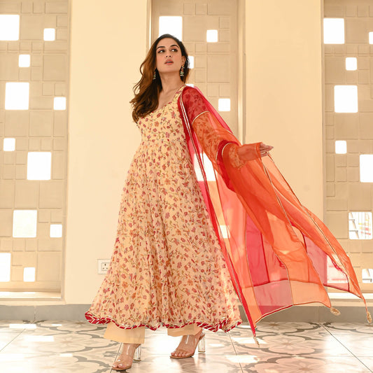 Sakhi Fashions Cream Red Floral Suit Set