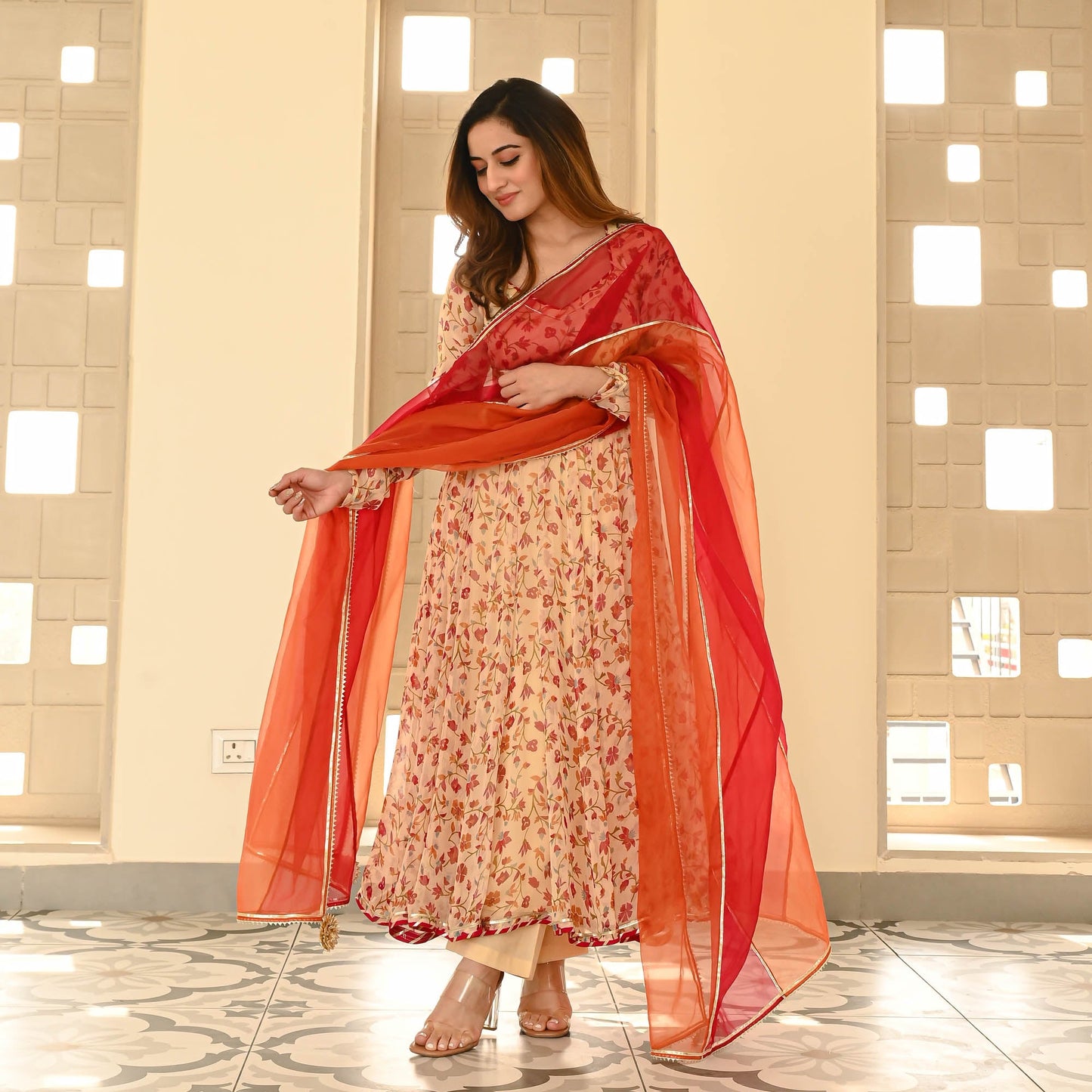 Sakhi Fashions Cream Red Floral Suit Set