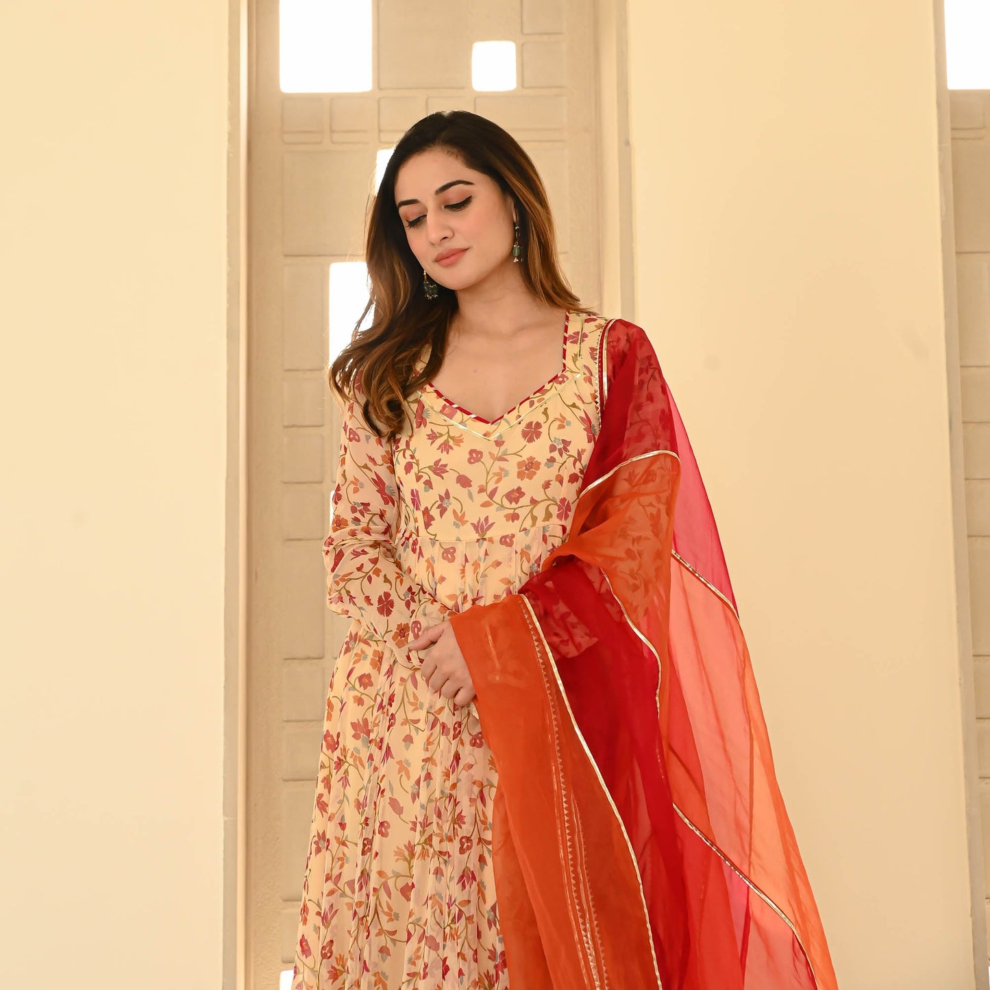 Sakhi Fashions Cream Red Floral Suit Set