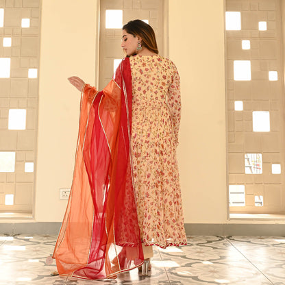 Sakhi Fashions Cream Red Floral Suit Set