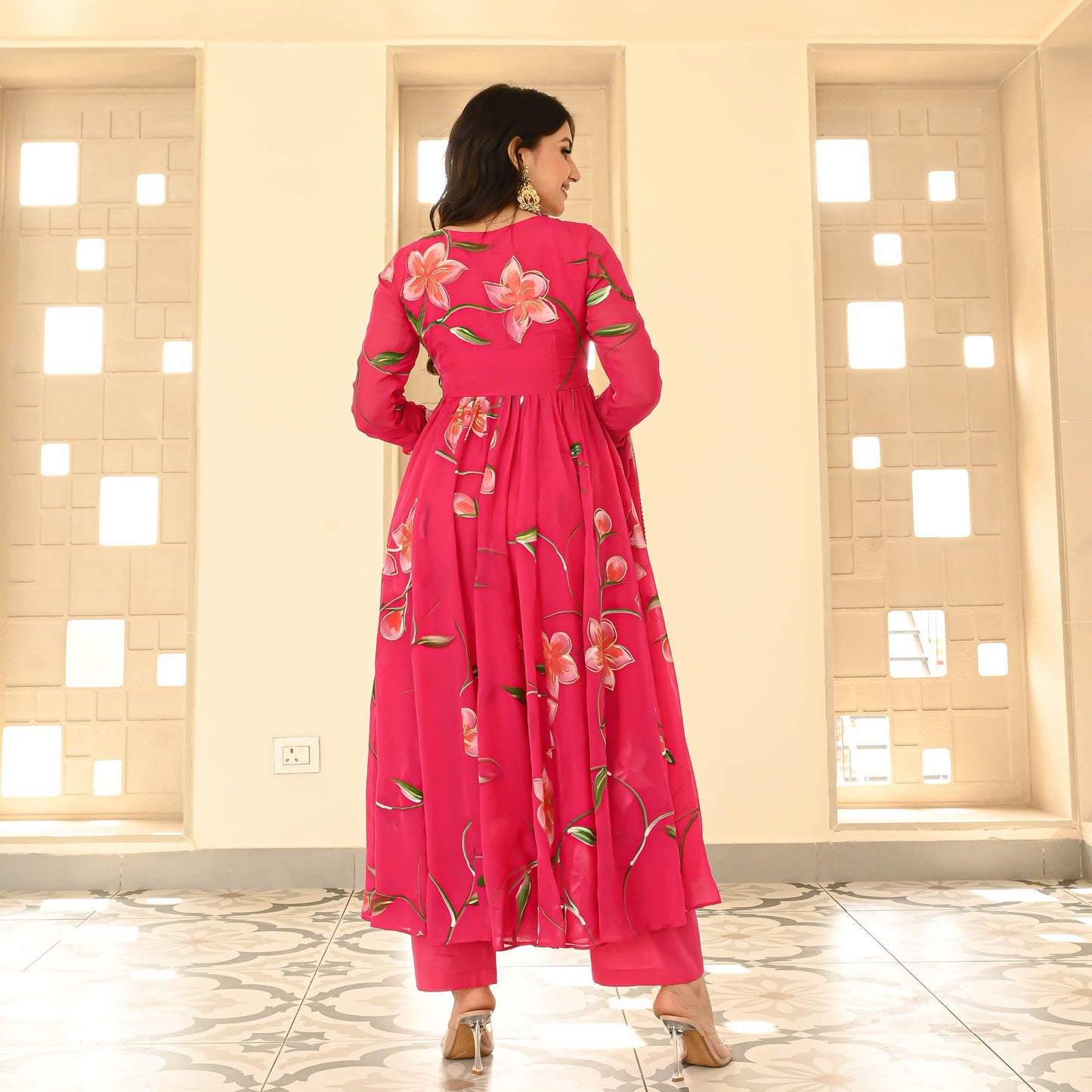 Sakhi Fashions Pink Organza Handpainted Suit Set